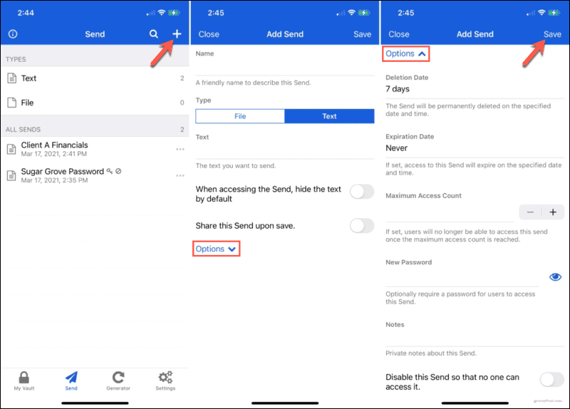 Complete New Send Details in Bitwarden on iPhone