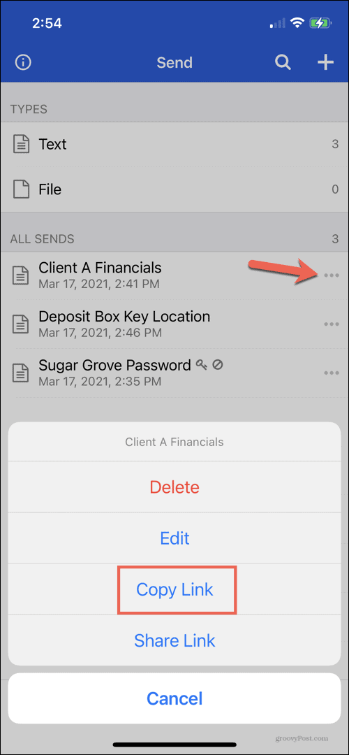 Copy Send Link in Bitwarden on iPhone