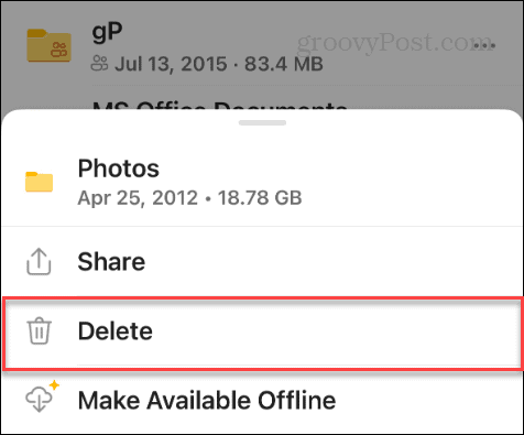 Delete option onedrive mobile