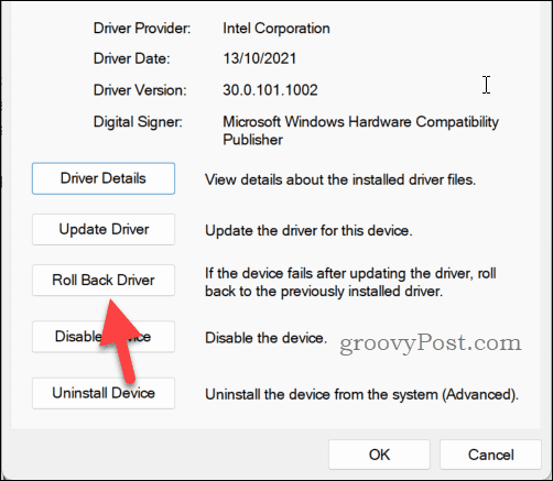 Rolling back a driver in Device Manager