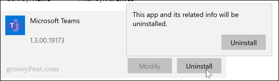 Uninstall Microsoft Teams option