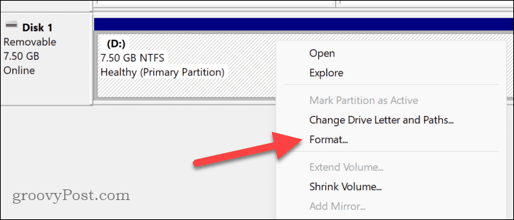 Formatting a drive in Disk Management