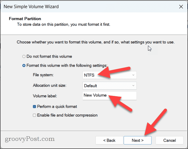 Setting the file system and label for a new drive partition on Windows