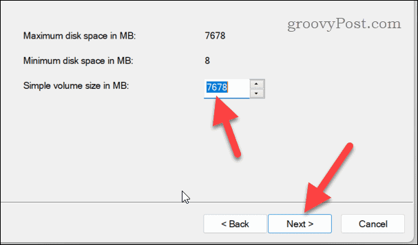 Setting the size for a new disk volume on Windows