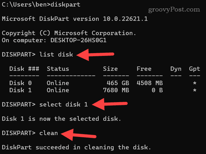 Cleaning a disk of volumes using diskpart