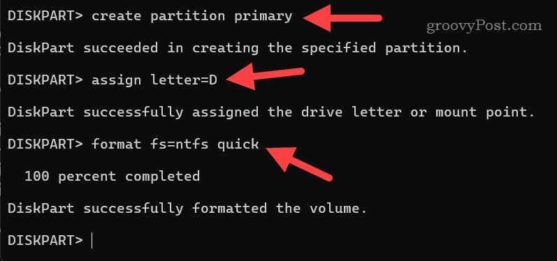 Formatting a drive using diskpart on Windows