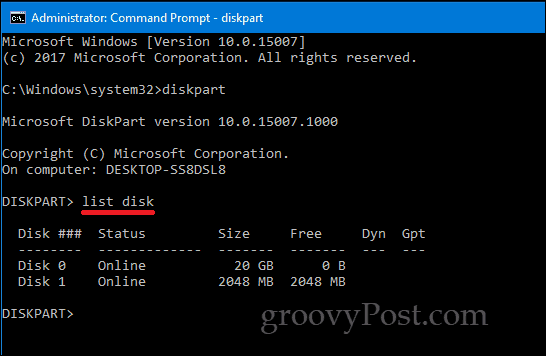 DiskPart Windows 10 command line