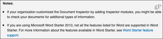 Document Inspector Notes from Microsoft Support