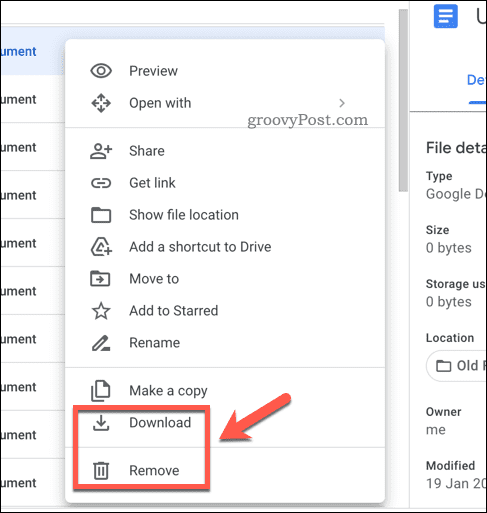 Removing or downloading files in Google Drive