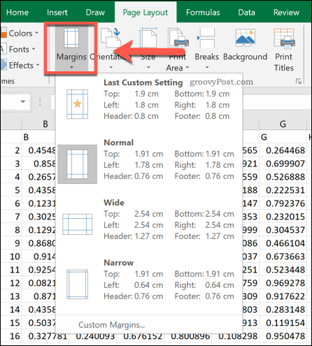 The Excel page margin options