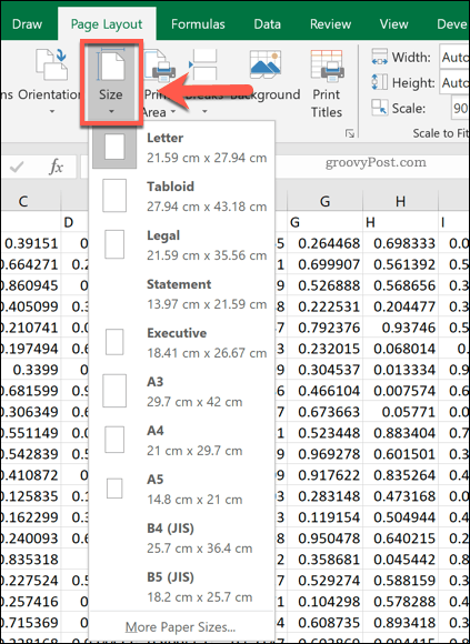 Excel page size options