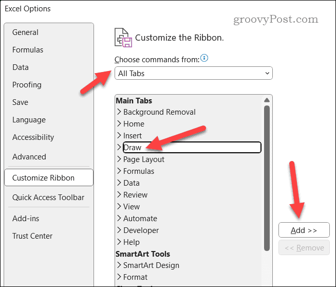 Adding the Draw tab to the Excel ribbon