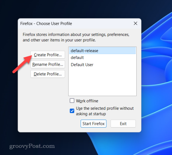 Create a new profile in Firefox Profile Manager