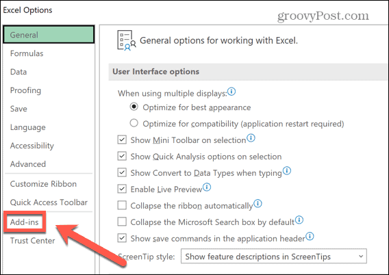 excel add ins menu