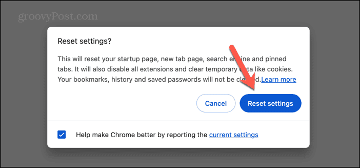 chrome reset settings button