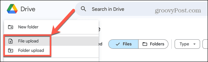 google drive new file or folder upload