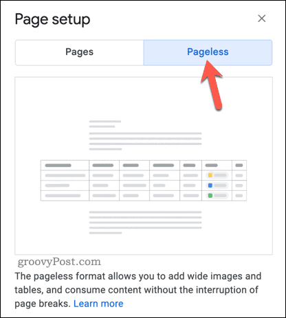 Switch to pageless view in Google Docs