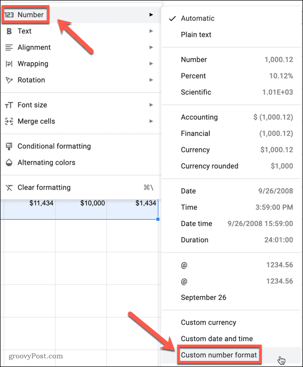 Choosing a custom number type in Google Sheets