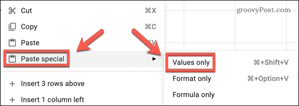 Pasting cell values in Google Sheets