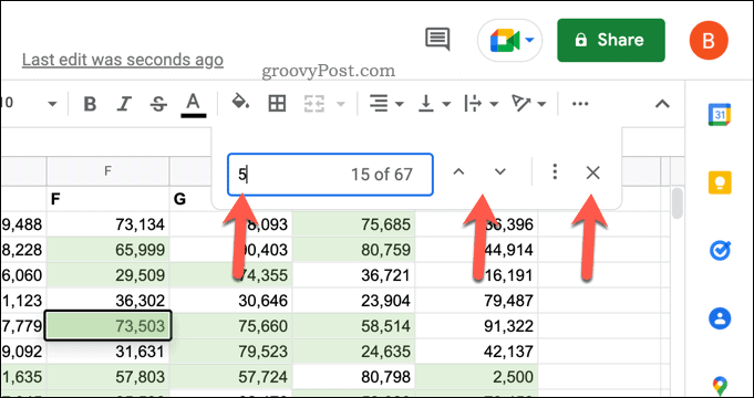 Using the quick search bar in Google Sheets