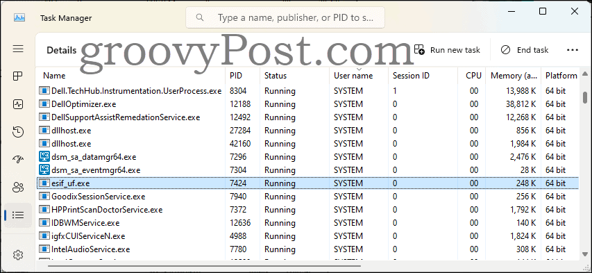 Task Manager showing process esif_uf.exe