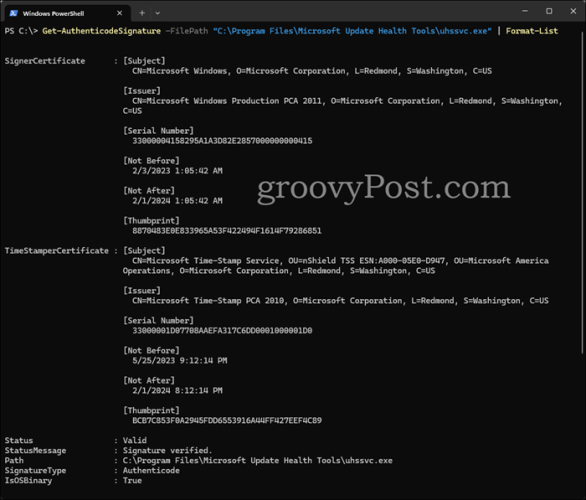 PowerShell checking file uhssvc.exe digital signature