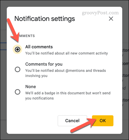 Notification settings for comments in Google Slides