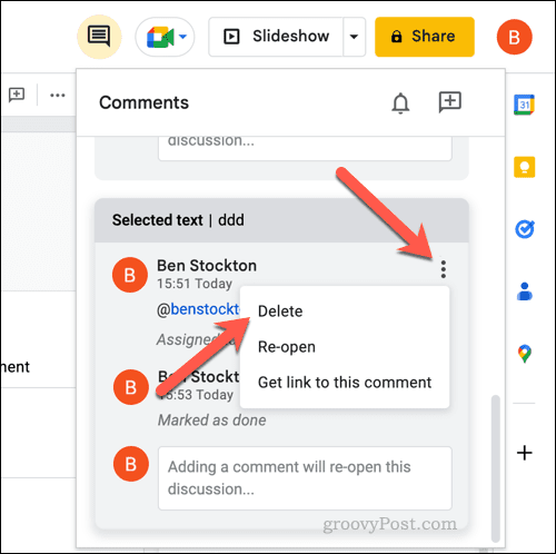 Deleting a comment in Google Slides