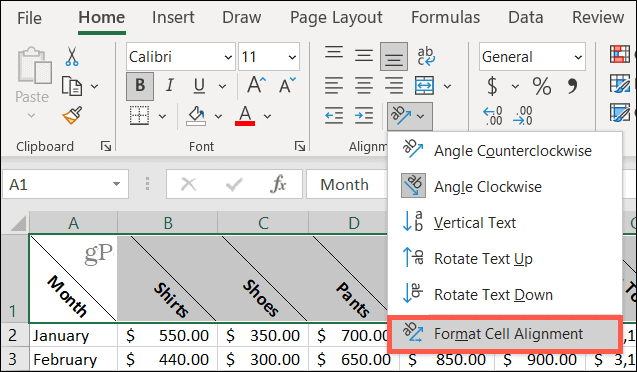 Choose Orientation, Format Cell Alignment