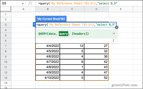 select range google sheets