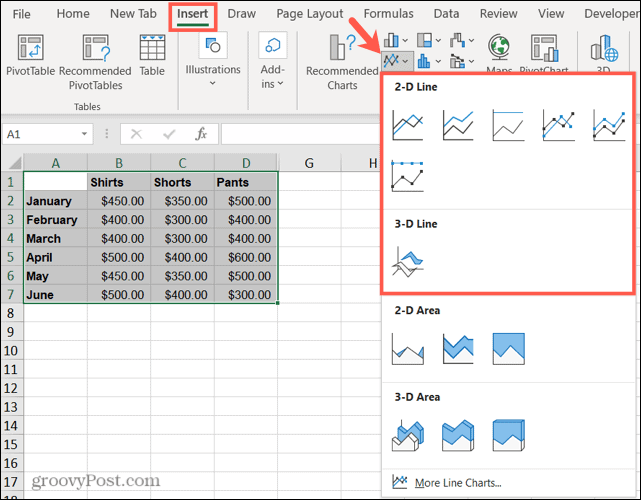 Click Insert Line or Area Chart and pick a style