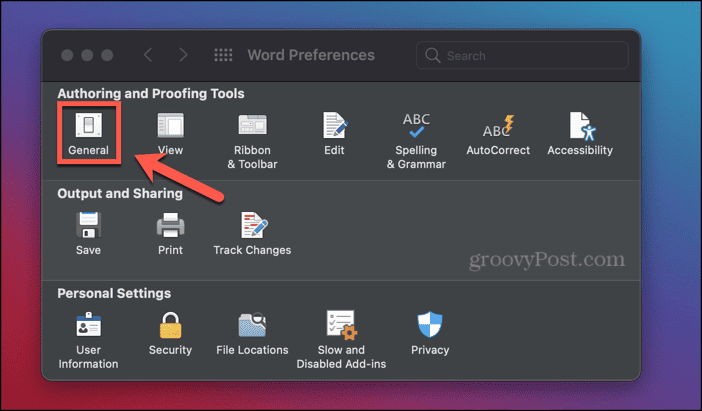 word for mac general settings