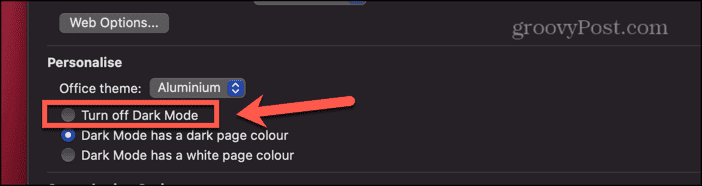 word for mac turn off dark mode