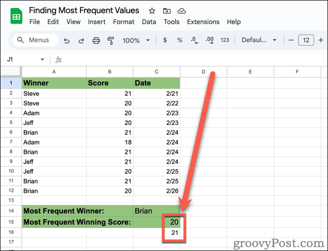 MODE.MULT Formula Result