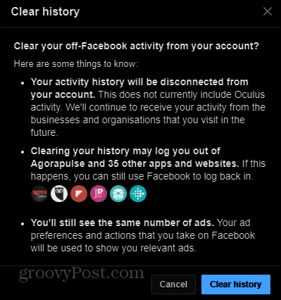 Off-Facebook activity clear history