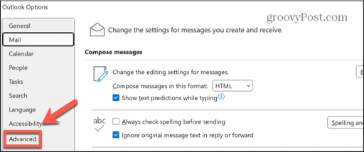 outlook advanced options