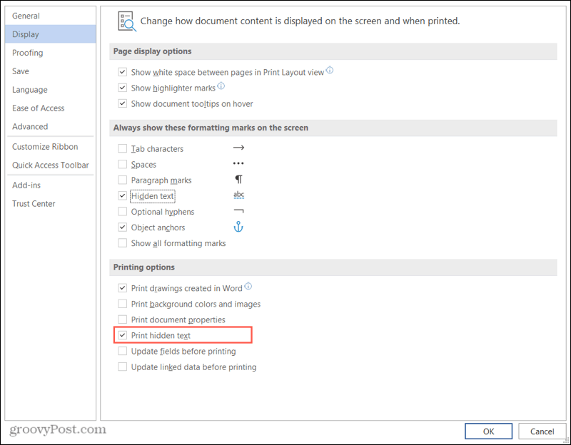 Print Hidden Text in Word on Windows