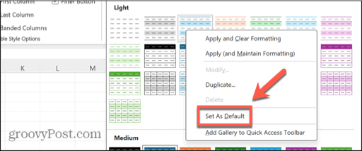 excel set style as default