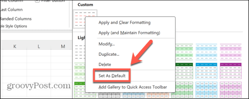 excel set custom as default