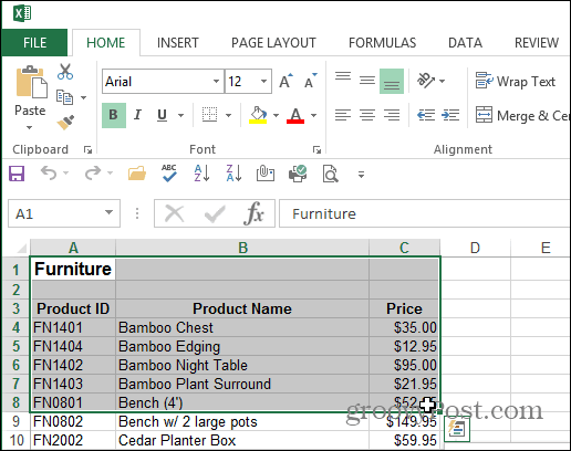 Select Area Excel Document