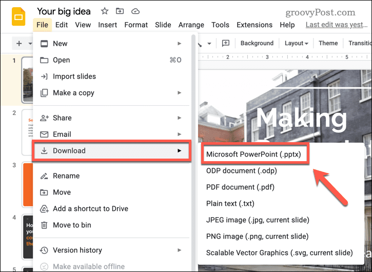 Download Google Slides as pptx
