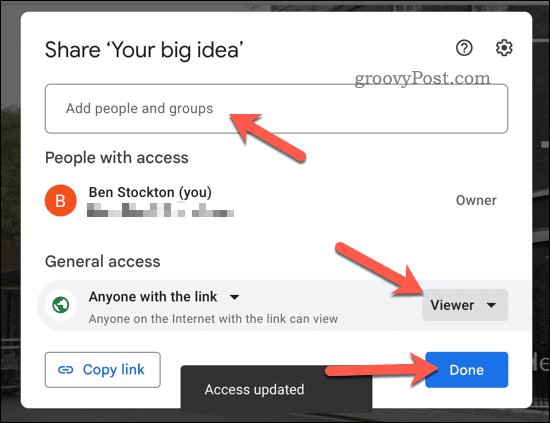 Google Slides share options