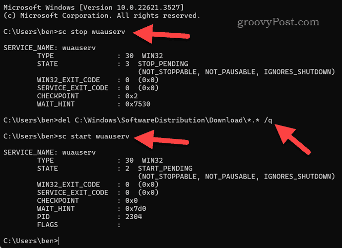 Deleting Windows Update cache files using the Terminal app