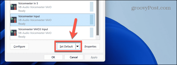 set default as voicemeeter input
