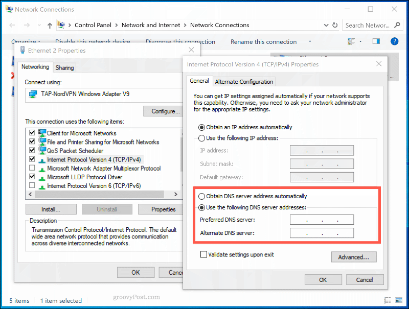 The DNS settings window for a network connection in Windows 10