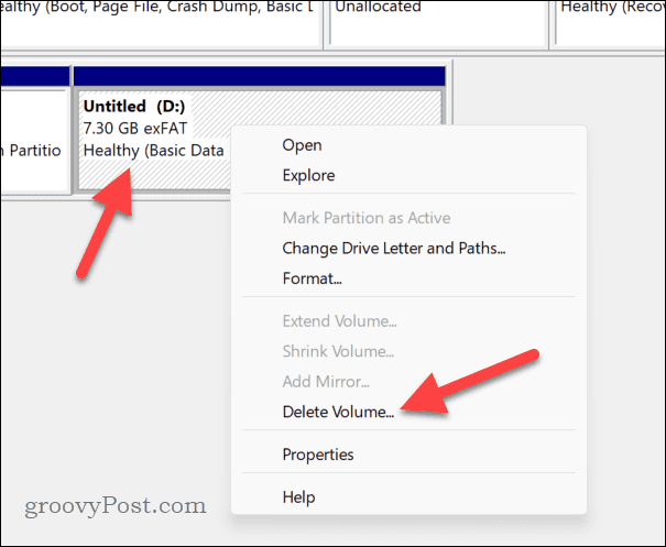 Deleting a disk volume in Disk Management