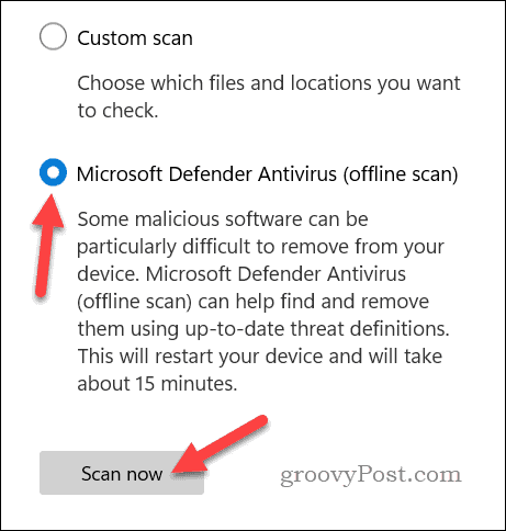 Setting an offline virus scan in Windows Security to troubleshoot IRQL_NOT_LESS_OR_EQUAL BSOD