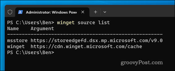 Winget source list command