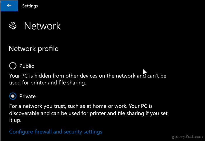 Choosing Public or Private network profile in Windows 10