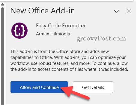 Confirm the installation of a Word add-in